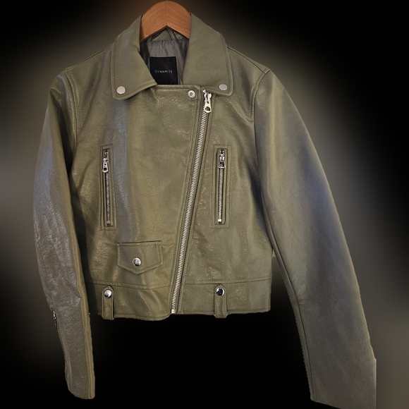 Dynamite faux leather moto jacket. Size XS. Olive green. Great condition. - Picture 1 of 13